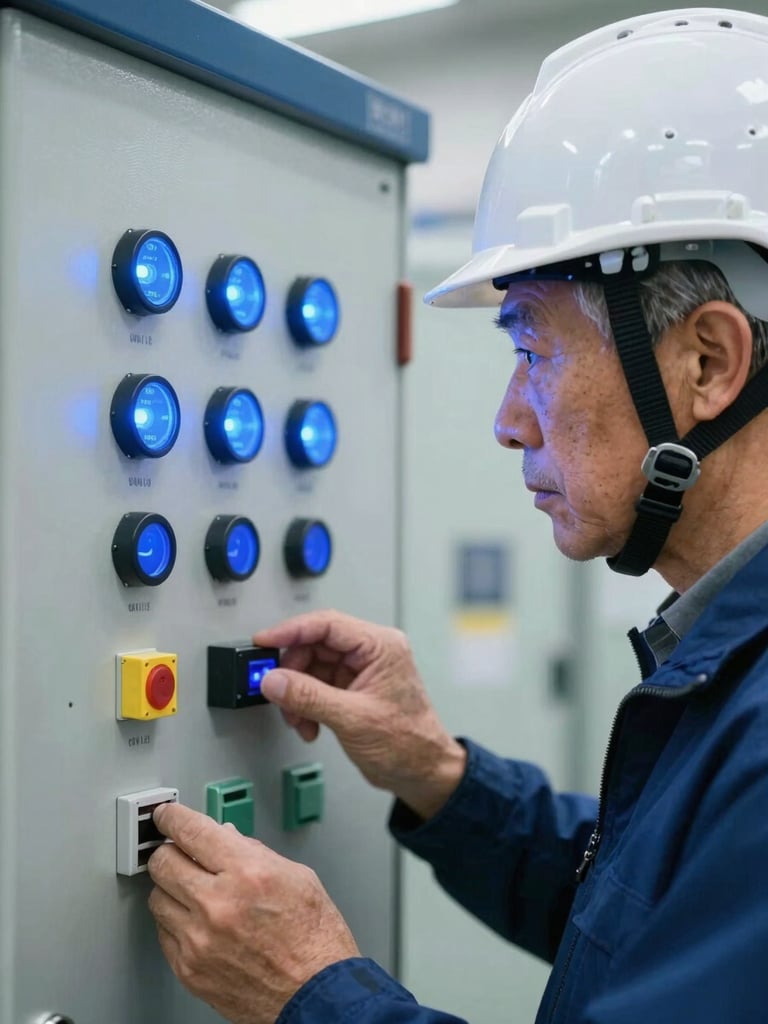Close-up of a senior electrical engineer in a clean safety helmet inspecting a high-voltage control panel, glowing blue telemetry indicators, sharp focus, technical atmosphere.