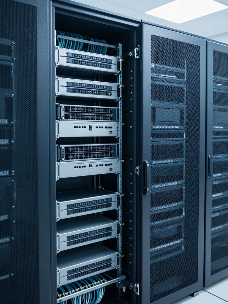 Neat server racks in a secure data center, structured cabling clearly visible, bright clean daylight, deep blues and cool grays, sharp focus, professional technical environment