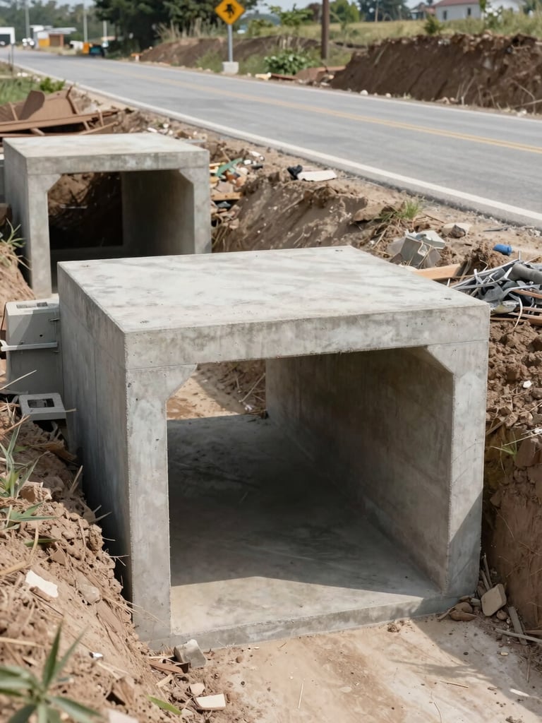 Medium shot of a completed civil infrastructure culvert crossing under a rural road, reinforced concrete headwalls visible, clean finish, surrounded by cleared terrain, bright daylight documentary framing