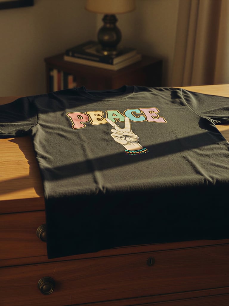 Dark t-shirt with a retro 1970s peace sign design.