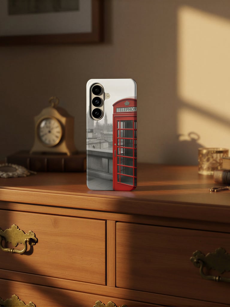 Phone case with classic red London phone booth.