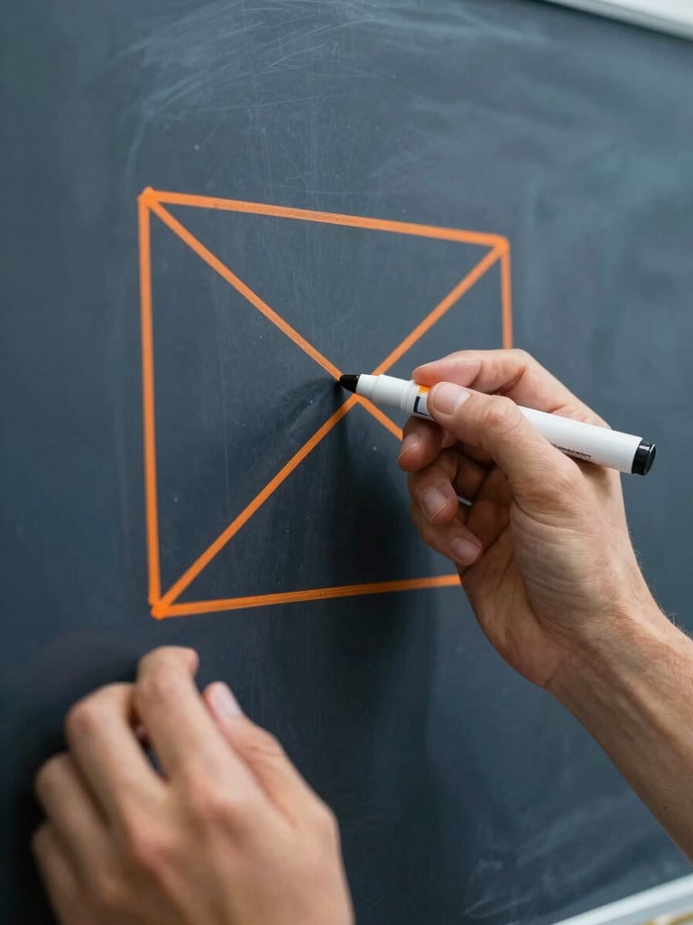 A close-up of hands drawing a clean, geometric connection diagram on a glass whiteboard, sharp lighting, safety orange marker lines, dark blue background, technical feel.