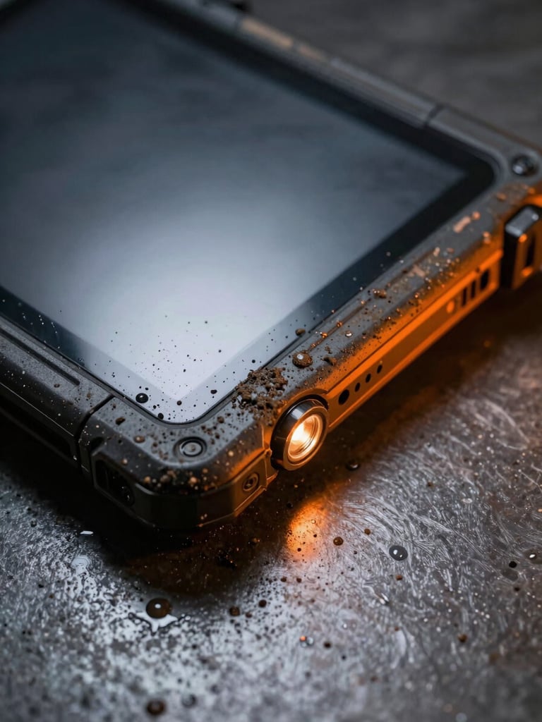 A close-up macro shot of a rugged tactical tablet with reinforced corners, splashed with mud and water, illuminated by dramatic orange tactical side-lighting on a dark metallic surface, 35mm.
