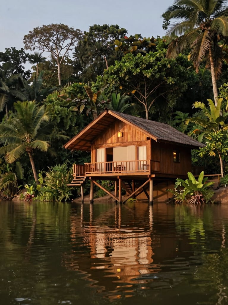 Warm evening light illuminating a rustic-luxury wooden lodge on the riverbank, dense tropical jungle background, reflections on the calm water, low-angle perspective.