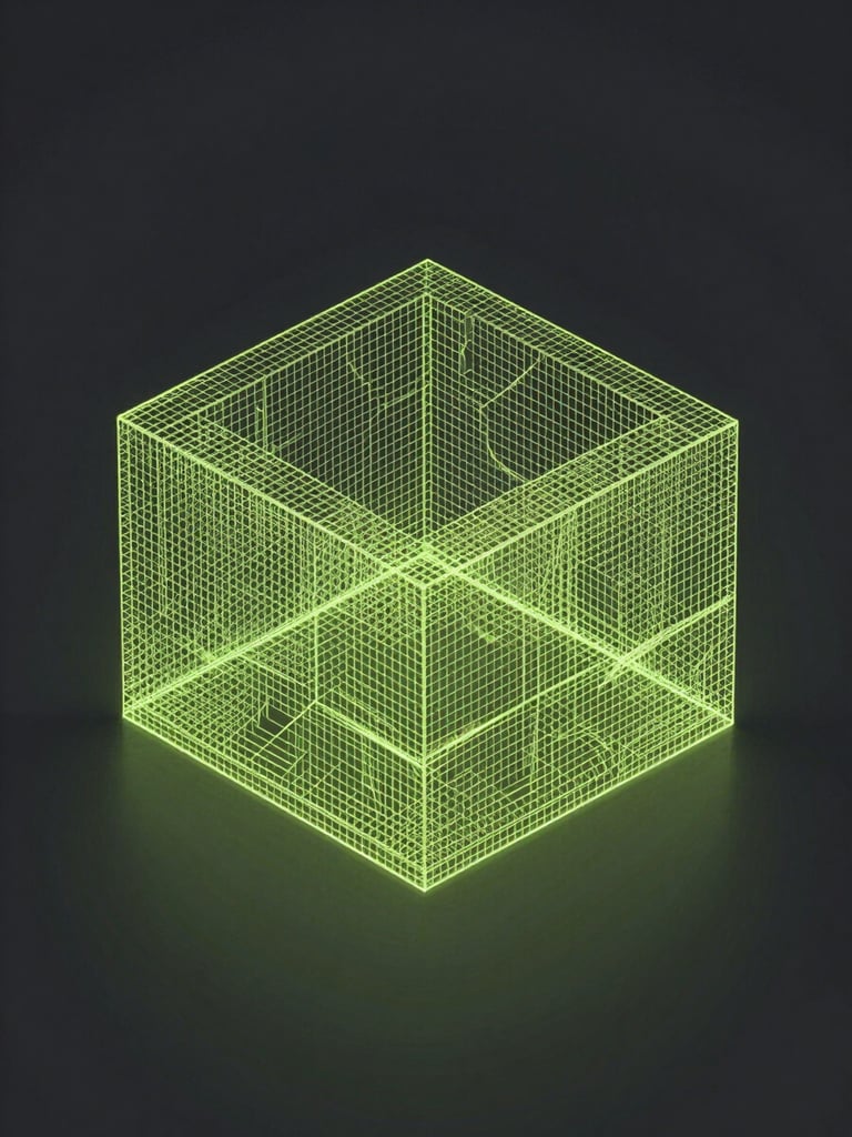 Wide isometric architectural render of a minimalist virtual structure, glowing cyber-lime wireframe grid lines on a deep slate background, clean ambient digital studio glow.