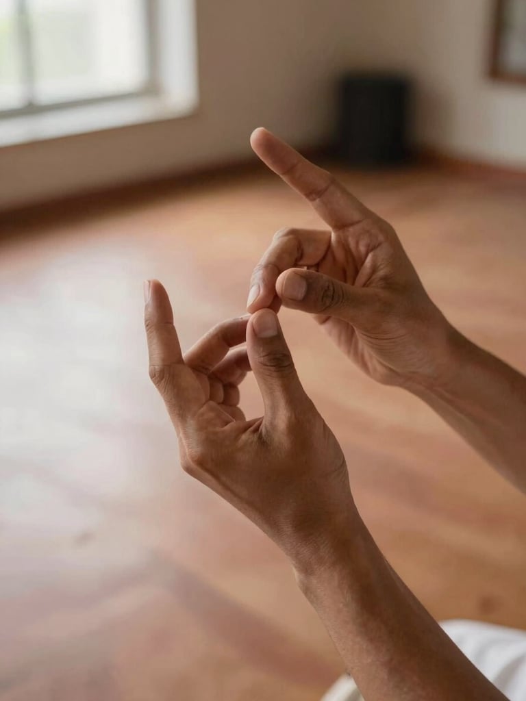 Close-up of a Kathak instructor's hands mid-mudra, fingers extended in a precise gesture, natural diffused window light from the left, terracotta-toned practice room floor visible in background, sharp focus on hand geometry