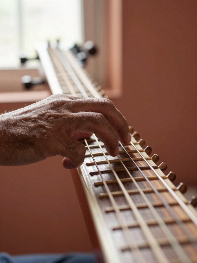 Extreme close-up from above: left hand pressing sitar frets, fingers curved with visible calluses, natural north-facing window light raking across the strings from the right, warm terracotta wall out of focus in the background