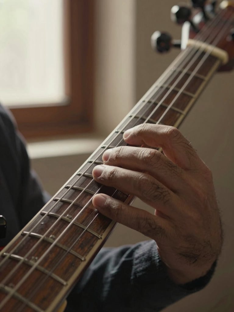 Extreme close-up of a sitar player's left hand pressing frets, fingers curved with precision, warm north-facing window light raking across the strings and fretboard, shallow depth of field, aged wood grain visible