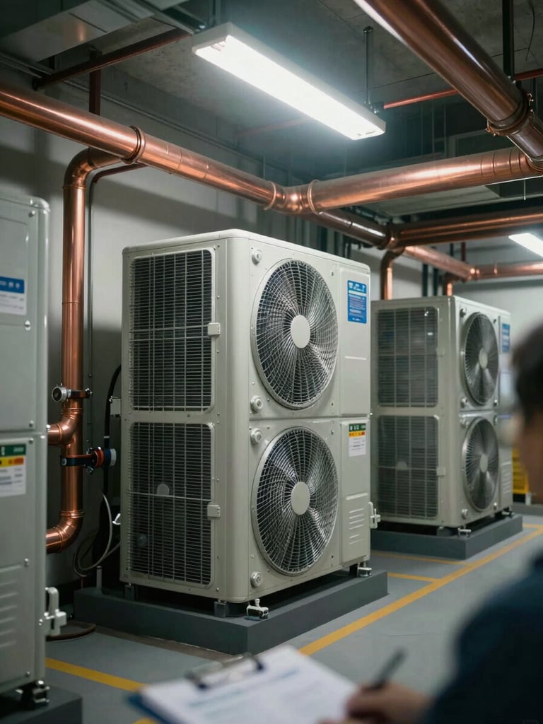 Wide shot of a commercial mechanical room, large HVAC unit and copper piping filling the frame under harsh overhead fluorescent light, inspector's notepad visible at the bottom edge