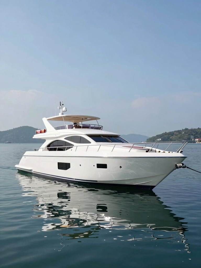 Architectural wide-angle shot of a luxury private yacht anchored in Langkawi waters, bright daylight, reflections on clean water, high-end hospitality setup visible.