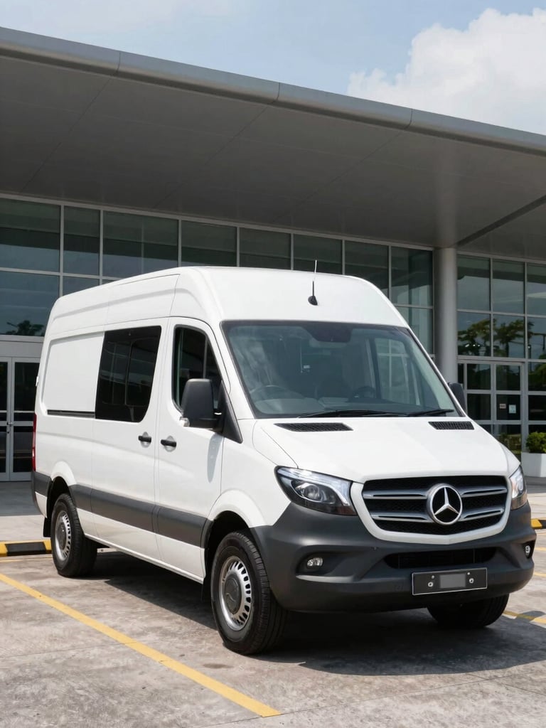 Architectural wide-angle shot of a pristine Mercedes Sprinter executive vehicle parked outside a private aviation terminal in Singapore, bright daylight, sharp clean lines