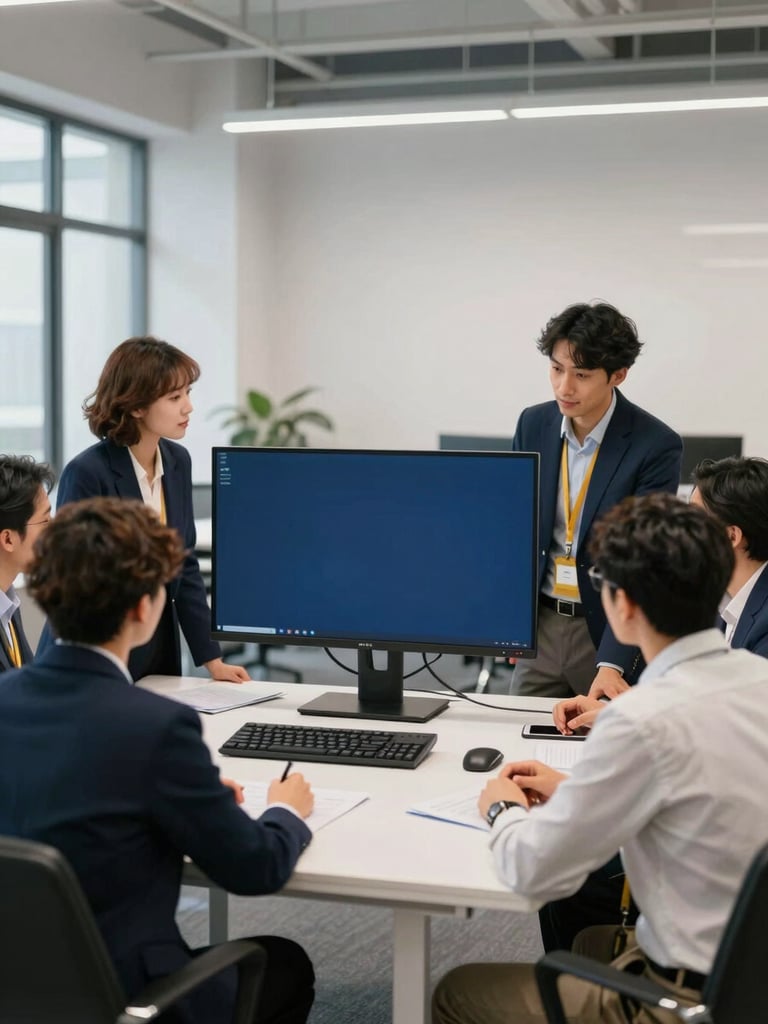 Professional, bright office environment with a diverse team collaborating around a large monitor, clean lines, corporate navy and gold accents, crisp lighting.
