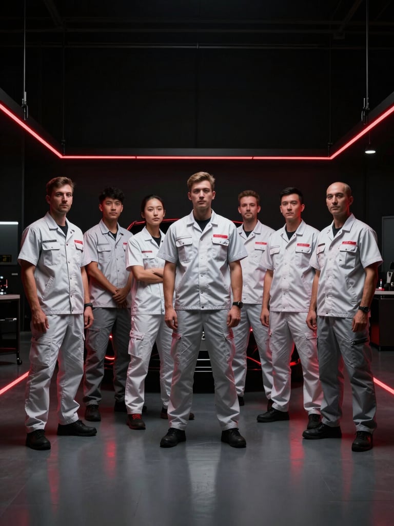 An organized group portrait of professional automotive technicians in clean uniforms standing in a spotless modern workshop, dramatic low-key lighting, sharp red rim light, high contrast