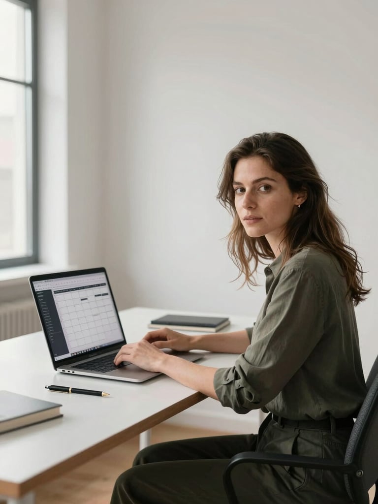 Wide environmental shot of a professional female creator seated at a clean studio desk, laptop open showing a content calendar, cool north-facing daylight from the left, neutral white walls, direct composed gaze toward camera, minimal workspace, no warm tones