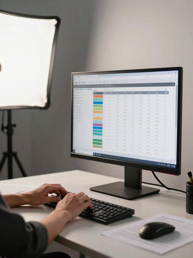 Close environmental shot of a professional studio workspace, hands on a keyboard reviewing analytics on a wide monitor, printed content schedule visible on the desk surface, cool studio strobe light casting precise shadows, neutral grey-white background, direct frontal framing, no warm tones, high contrast