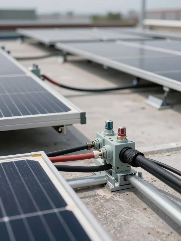 Close-up of electrical wiring and conduit connections on a rooftop solar installation, muted daylight from above, technical detail sharp in foreground, mounting rails receding into background, no people present