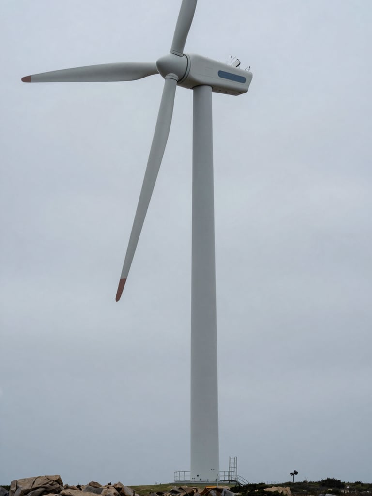 Close-up documentary photograph of a wind turbine base and nacelle access ladder on a coastal site, turbine tower filling the frame vertically, grey overcast sky, rocky shoreline visible at lower left corner, no people