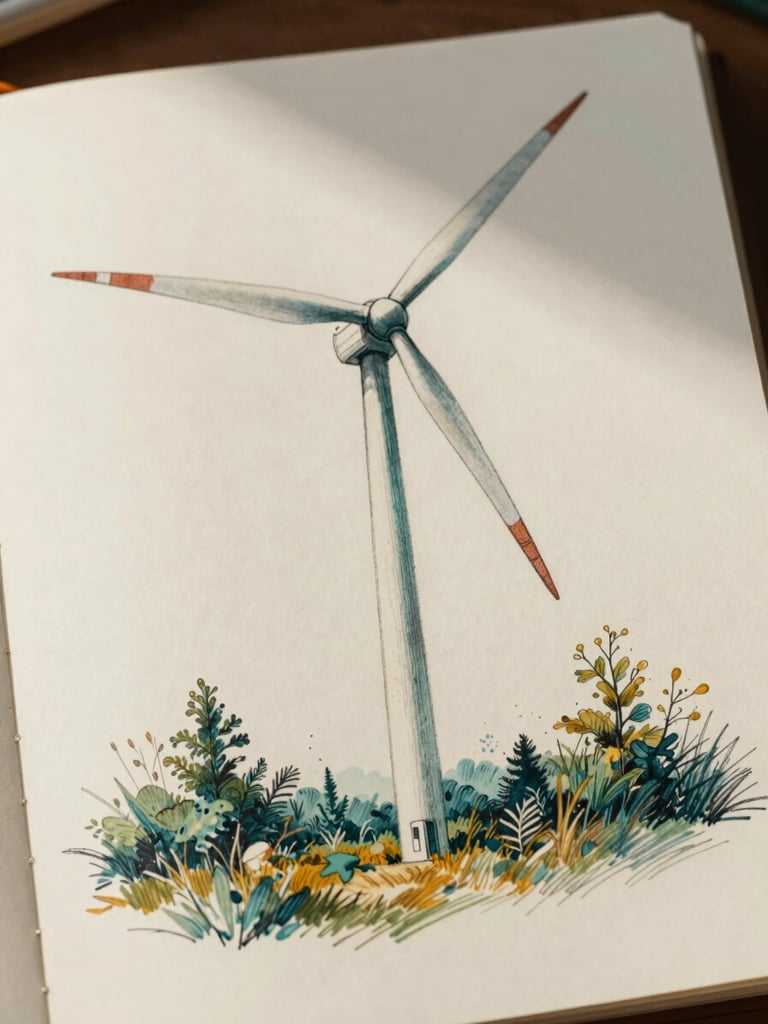 Detail study on cream paper, hand-drawn close-up of a single wind turbine base with surrounding flora, fine ink hatching and a wash of deep teal and ochre, natural light casting soft shadow across the upper corner