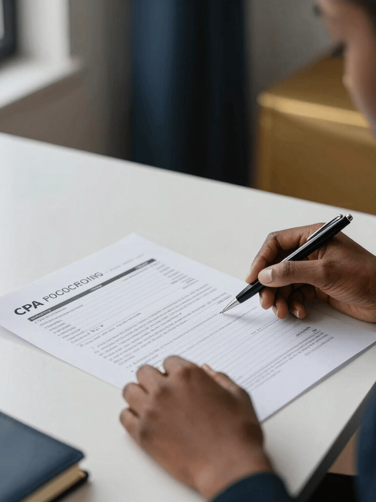 Close-up of a CPA's hands reviewing a printed financial statement at a clean organized desk, a pen resting on the page, cool daylight from a window at the left edge, dark navy notebook visible at the frame corner