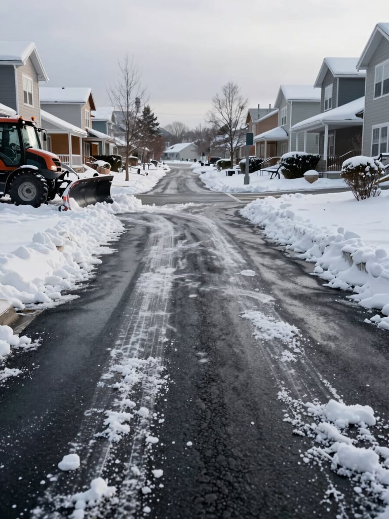 Wide-angle street-level view of a freshly cleared residential driveway on the Rive-Sud, a snowplow blade visible at the far left edge mid-sweep, thick snow banks piled on each side, harsh overcast winter morning light, no people visible, salt residue on dark asphalt