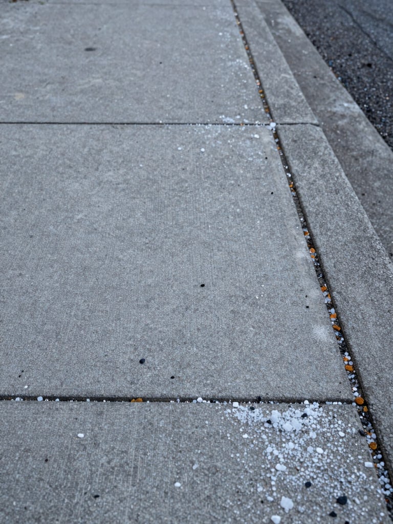Street-level close-up of a freshly treated commercial sidewalk on the Rive-Sud, salt crystals and abrasive grit clearly visible on cleared concrete under flat grey winter sky, no people, texture and scale emphasized