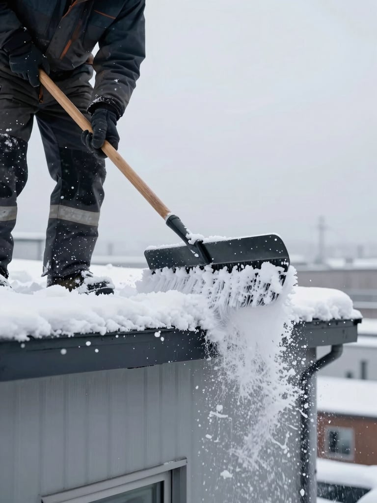 Close-up of a worker in heavy winter gear scraping snow from a flat commercial roof with a long-handled blade, snow falling off the edge in a cascade, harsh grey winter sky, no face visible