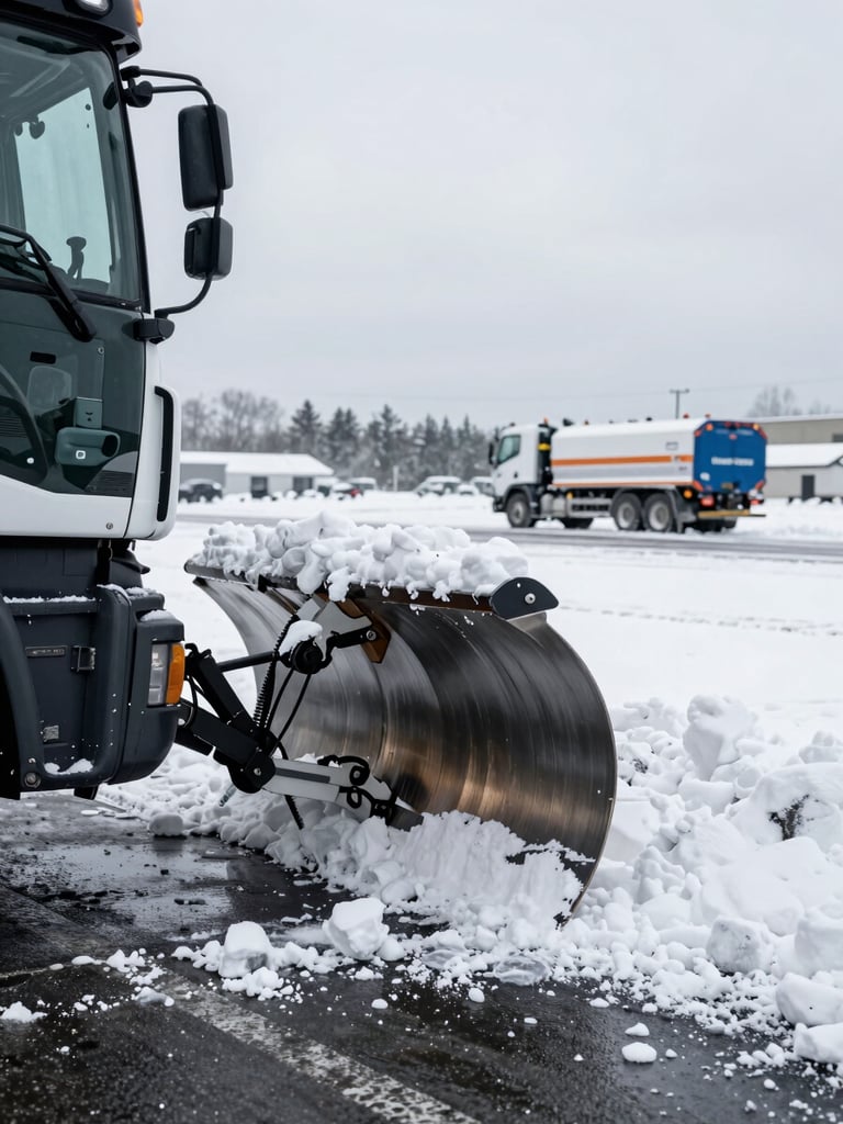 Close-up from truck cab perspective of a heavy front-mounted snow plow blade pushing a wall of snow on a commercial lot in Rive-Sud, salt spreader visible in background, harsh overcast winter daylight, no people visible, asphalt and snow contrast sharp