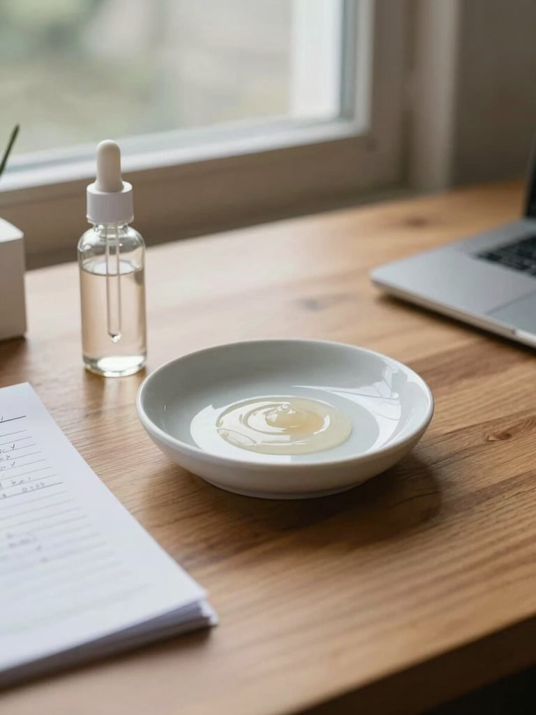 Close-up of a wooden desk surface under soft morning window light, a glass dropper bottle and handwritten formulation notes to the left, a clean ceramic dish holding a product sample at center, workspace edge visible at right — natural overcast daylight, no flash