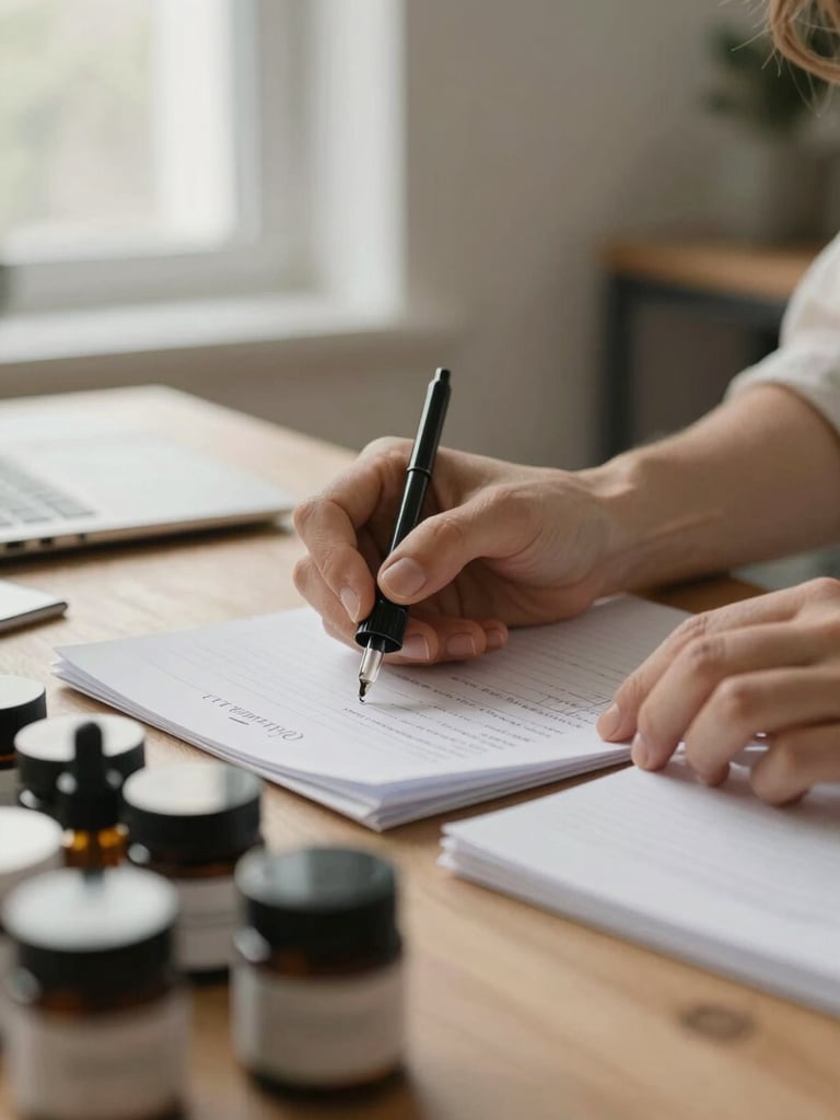 Close-up of a woman's hands reviewing handwritten formulation notes on a cluttered desk, small product jars and a glass dropper bottle in the foreground, soft overcast window light from the left, warm neutral tones, no face visible