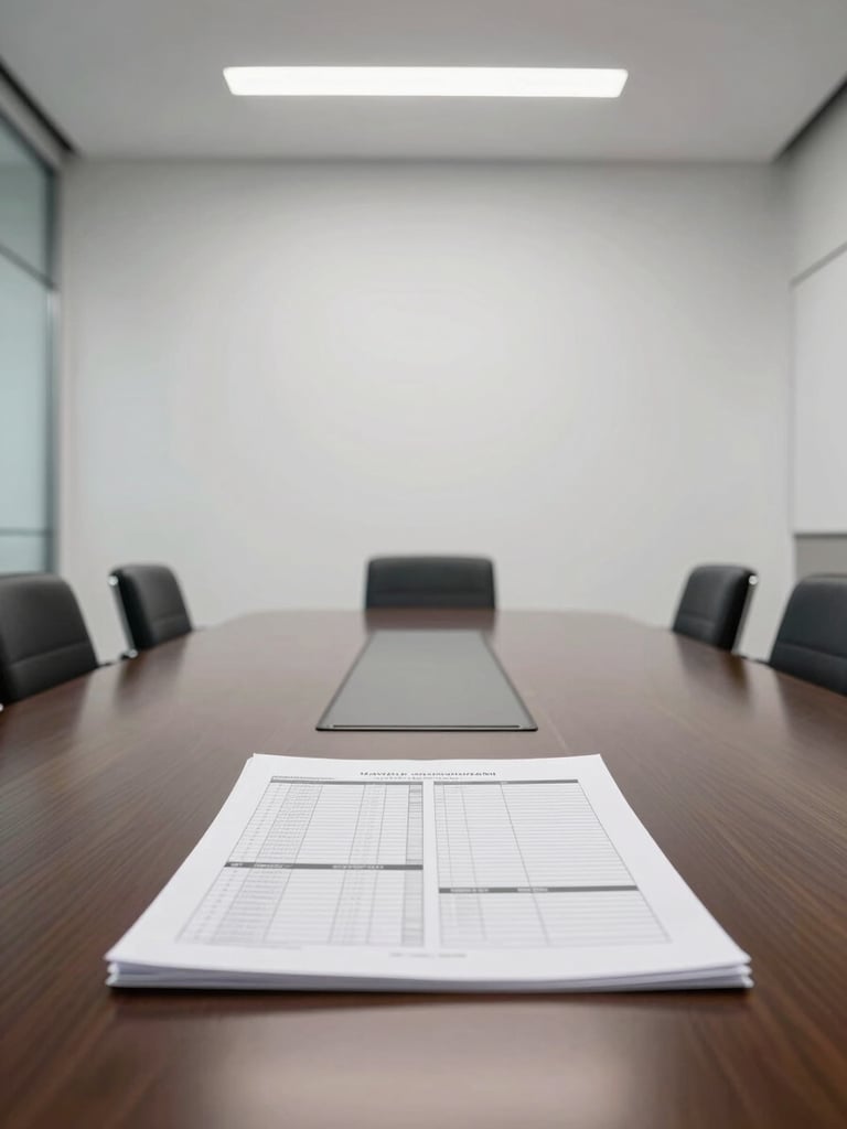 Crisp straight-on architectural shot of a modern corporate boardroom, clean white studio lighting, technical documentation resting on a polished table.