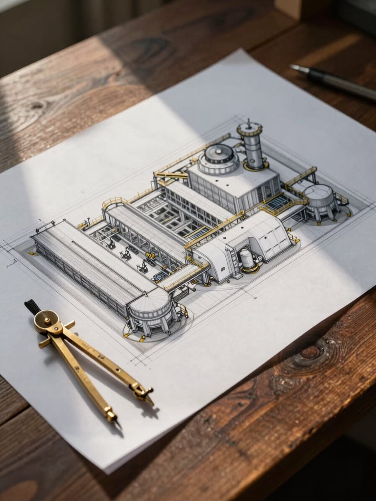 A professional architectural drawing of an industrial facility laid out on a dark wooden table, warm sunlight highlighting the precise grid lines, a brass compass resting on the edge.