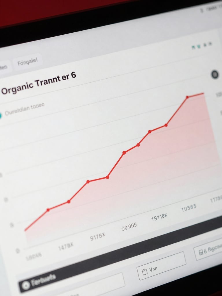 Macro detail of an analytical SEO dashboard showing clean organic traffic growth curves, high contrast studio photography, dramatic red and black lighting, 50mm