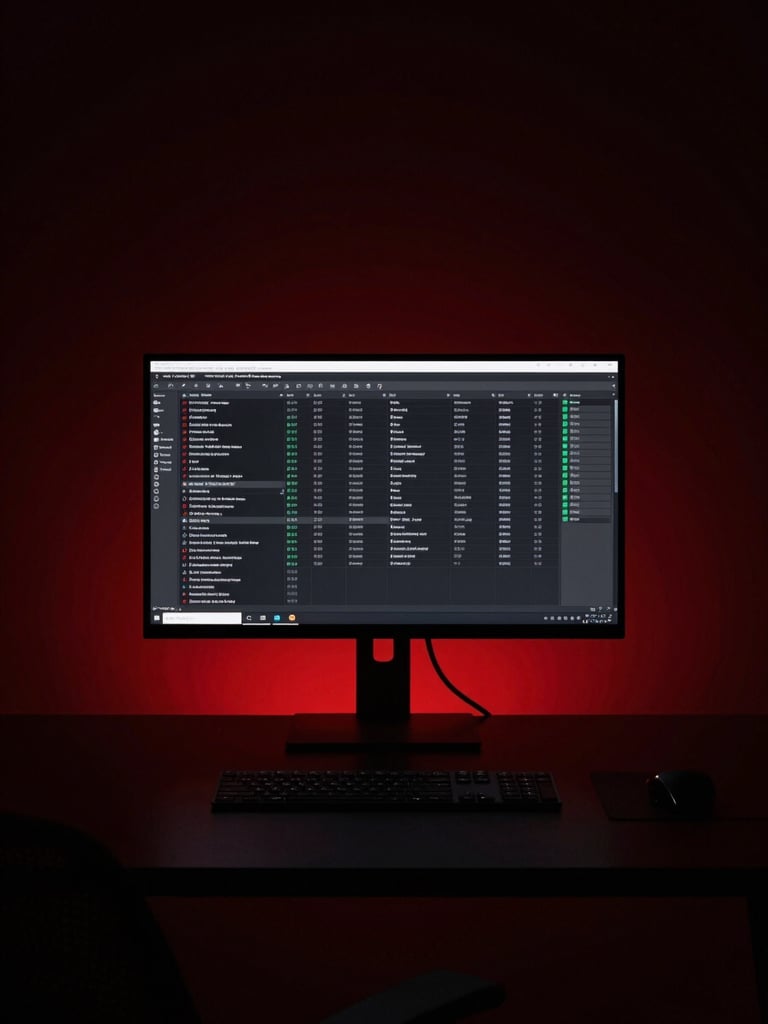 Minimalist high-end tech workspace with a single monitor displaying structured data tables, dramatic dark shadows with subtle red ambient glow