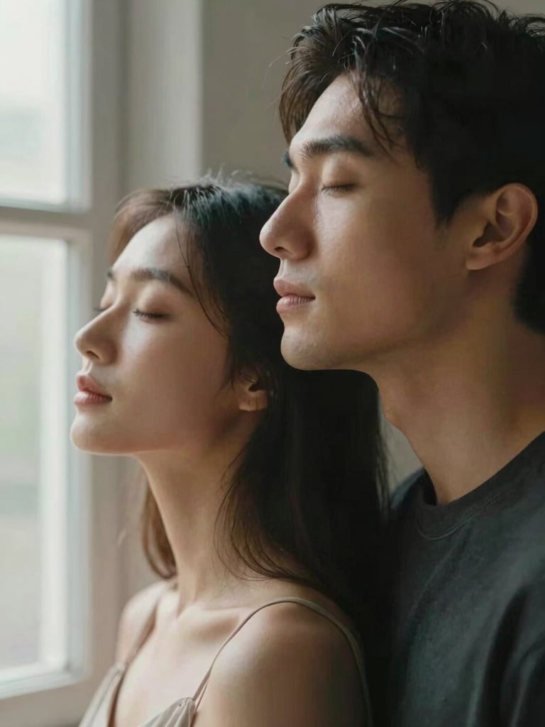 Portrait aspect photo of a couple leaning against each other, eyes closed, soft window light highlighting their profiles, warm and intimate.