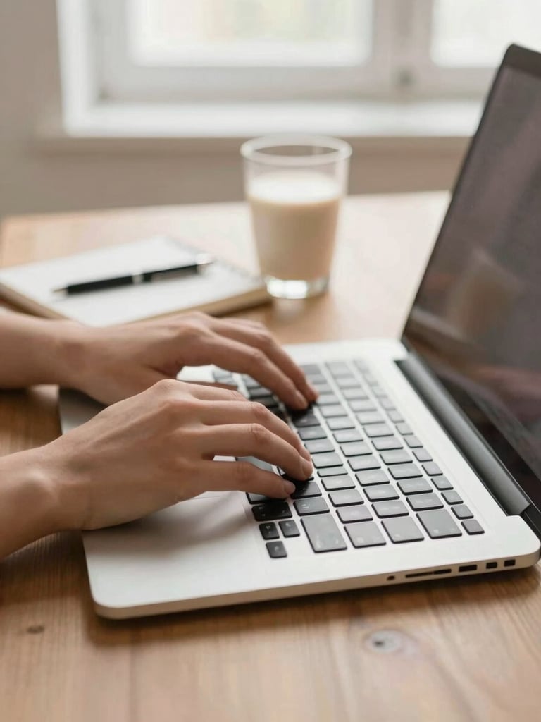 Close-up of hands typing on a laptop keyboard, notebook and pen beside, soft natural window light, oat milk and terracotta tones, minimalist desk setup, 35mm