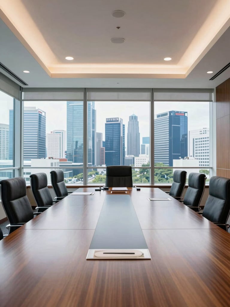 A formal corporate boardroom in Jakarta, large glass windows showing city skyline, polished wooden table, clean high-key lighting, professional and luxurious atmosphere, crisp corporate photography, 35mm lens