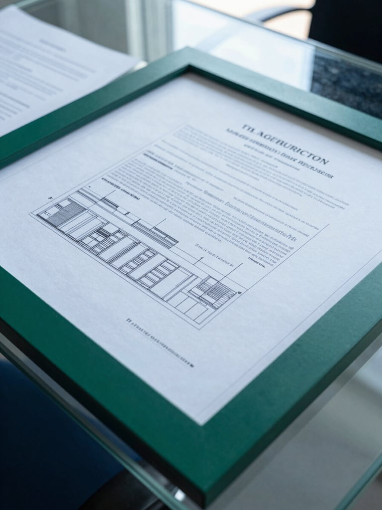 Portrait framing of an architectural blueprint and legal contracts on a glass table, cool high-key lighting, deep emerald accents, wide angle 35mm lens.