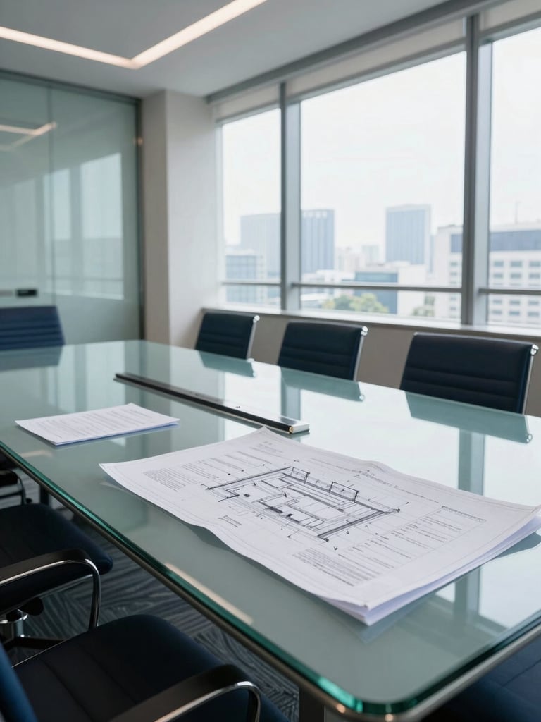 Pristine modern corporate boardroom in Jakarta, natural light from wide windows, clean glass table, architectural blueprints and formal documents resting neatly.