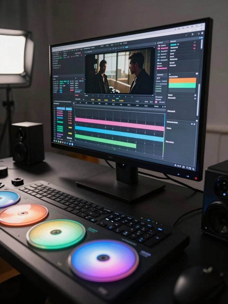 Extreme wide shot of a professional color grading suite, a large reference monitor displaying a high-contrast brand film frame mid-grade, color wheels glowing in the foreground, studio strobes casting hard shadows across the bay, matte black equipment surfaces, no people