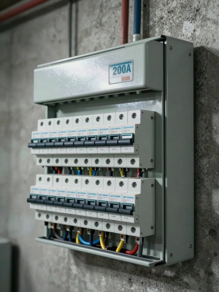 Close-up wide shot of a freshly installed 200A residential electrical panel mounted on a concrete basement wall, breakers aligned, wiring runs neat and labeled, bright shop lighting revealing every connection detail, no people present