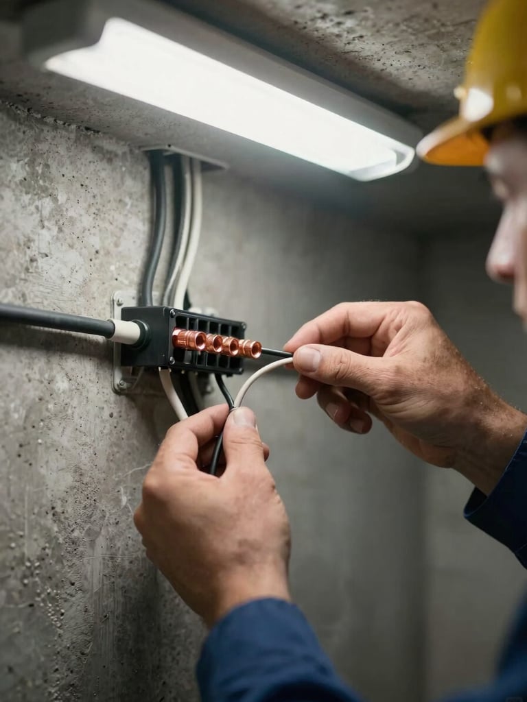 Close-up of electrician hands routing black and white wires through a conduit mounted on a concrete basement wall, bright overhead fluorescent lighting, copper connectors visible at the terminal block in sharp detail