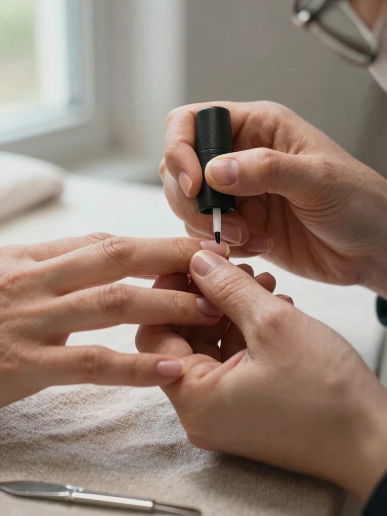Extreme close-up of a nail technician's hands applying gel polish to a client's nails on a pale linen surface, natural window light from the left, tools visible at the edge of the frame, warm muted tones