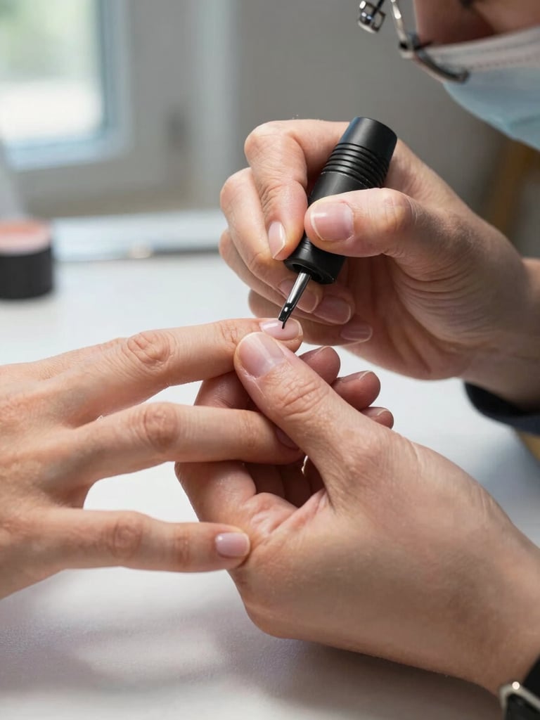 Extreme close-up of a nail technician's hands applying gel polish to a client's nails on a clean white surface, natural window light from the left, tools visible at the edge of frame, deliberate and precise