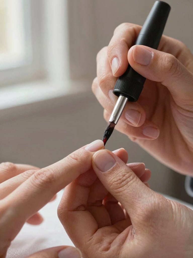 Extreme close-up of a technician's hands applying gel polish to a client's nail, natural window light from the left, muted warm background, precise brush stroke visible