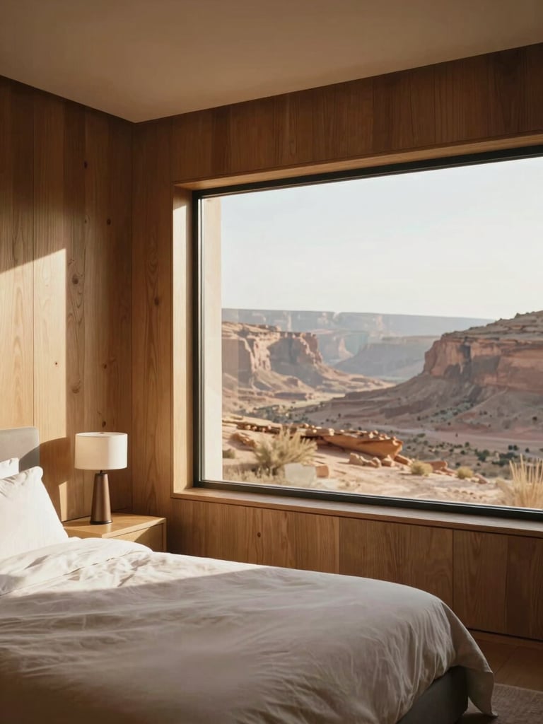 Interior of a luxury bedroom suite, minimalist oak millwork, large window framing a desert canyon view, warm morning light, soft shadows, medium format film