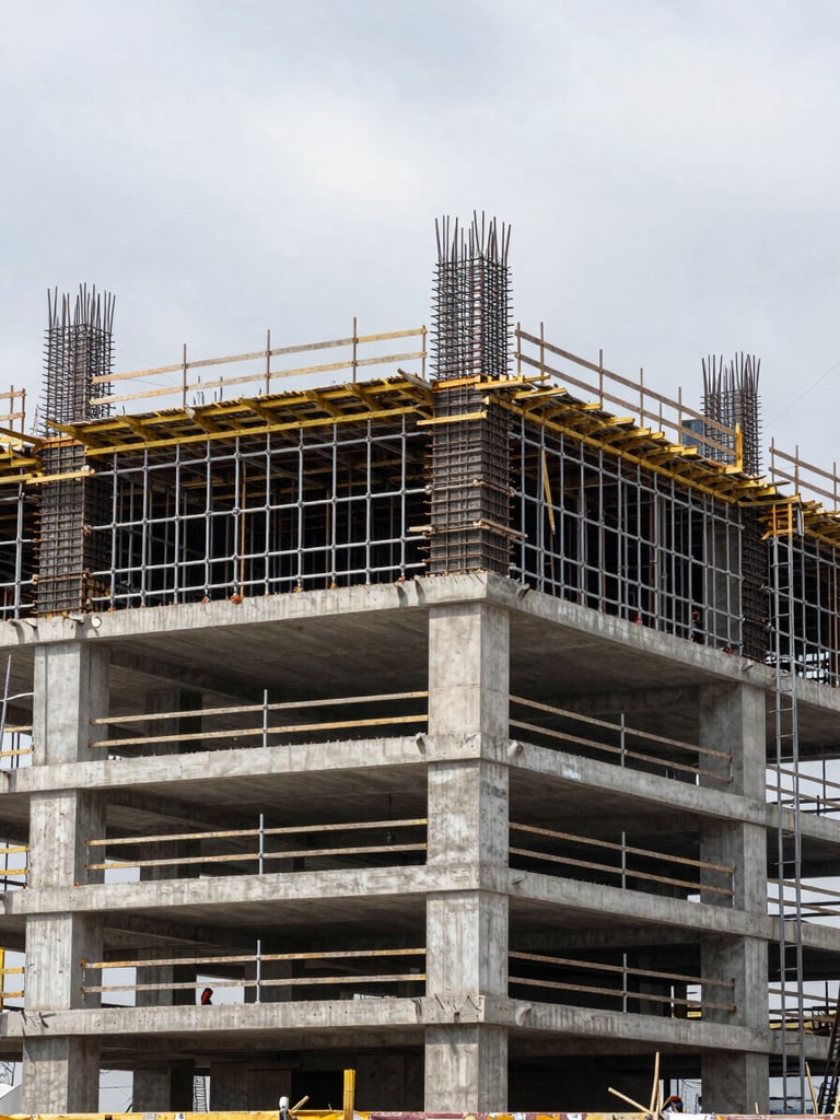 Wide site-level view of complete scaffolding and formwork installation on a reinforced concrete building under construction, overcast daylight revealing connection detail at mid-height, workers visible at scale in background, no studio lighting