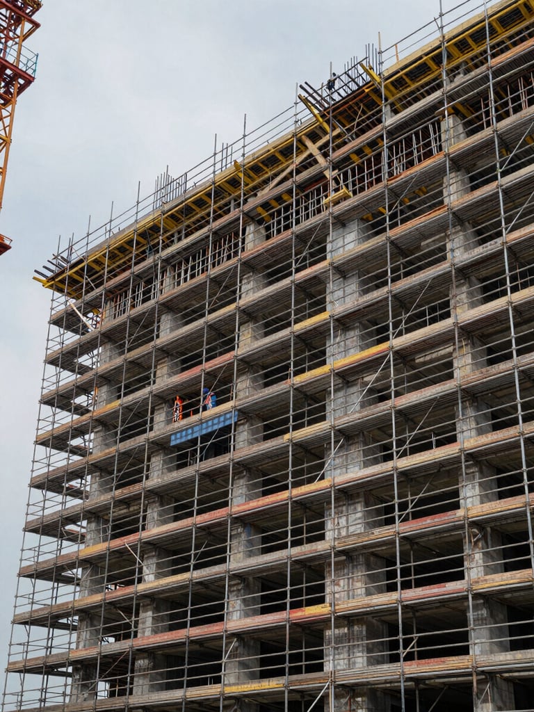Wide construction site at daylight, complete scaffolding system spanning a multi-story building facade to the right, steel frames under load, workers visible at mid-level, overcast sky revealing joint and brace detail
