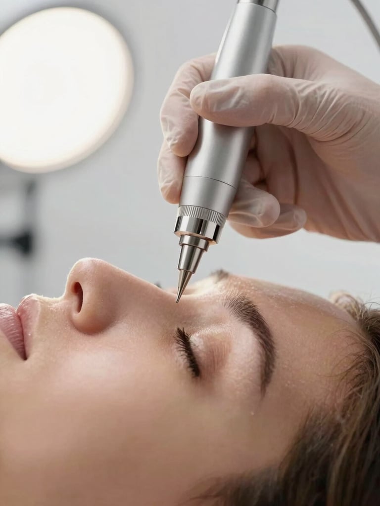 Extreme close-up of a practitioner's gloved hand holding a precision micro-needling device above clean skin, soft diffused studio light from the left, white clinical background, no clutter