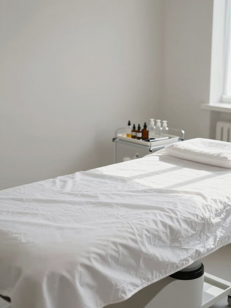 Wide shot of a clean, minimal treatment room in soft north-facing daylight — white linens on a treatment table, a small tray of precisely arranged glass bottles and tools, no decorative elements, clinical calm