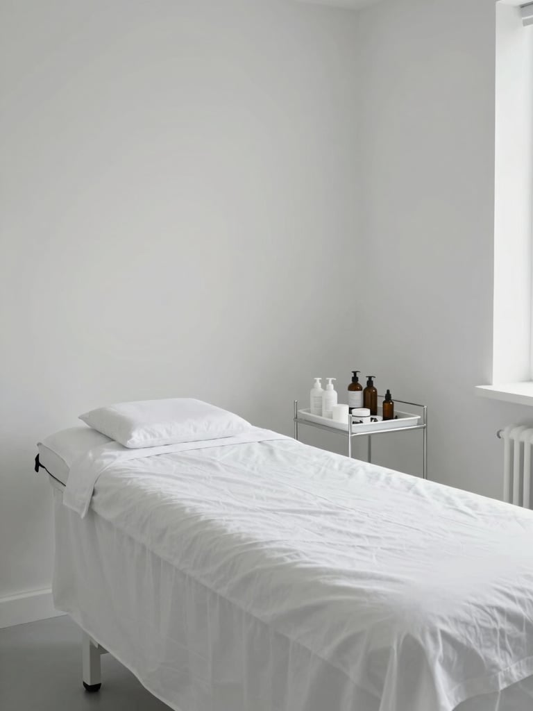 Wide environmental shot of a minimal aesthetic treatment room in clean diffused daylight, white walls, a clean treatment bed with crisp linen, a small tray of precisely arranged bottles and tools to one side, no person visible, calm and orderly